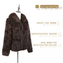 Load image into Gallery viewer, Women's Knitted Mink Fur Coat Fox fur Collar Zipper Winter jacket 22186