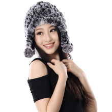 Load image into Gallery viewer, Winter Hat Women Knitted Real REX Rabbit Fur Hat Beanie Fur Bomber Cap Earmuff Pompom Decoration Winter Hat Ladies Hats FS14609