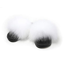 Load image into Gallery viewer, Fur Story Women's Fox Fur Slides Furry Slide for Outdoor Fluffy Sandals Open Toe Fur Slippers (White, 11)