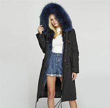 Load image into Gallery viewer, Fur Story Women's Real Fur Parka Jacket with Raccoon Fur Thick Hooded Long Fur Coat for Winter Dark Blue US6 18104
