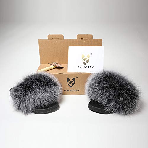 Fur Story FS19S08 Women's Fox Fur Slides Furry Slide Sandals Summer Fur  Slippers