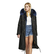 Load image into Gallery viewer, Fur Story Women's Real Fur Parka Jacket with Raccoon Fur Thick Hooded Long Fur Coat for Winter Dark Blue US6 18104