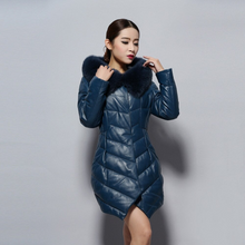 Load image into Gallery viewer, Women's Genuine Leather Coat with Fox Fur Hood Trim Winter Invisible Zipper Design Leather Down Coat 14156