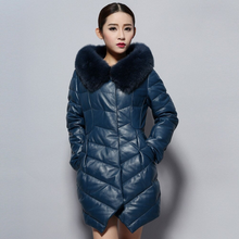 Load image into Gallery viewer, Women's Genuine Leather Coat with Fox Fur Hood Trim Winter Invisible Zipper Design Leather Down Coat 14156