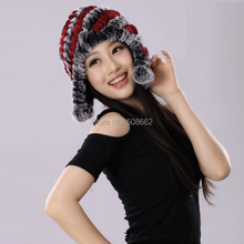 Load image into Gallery viewer, Winter Hat Women Knitted Real REX Rabbit Fur Hat Beanie Fur Bomber Cap Earmuff Pompom Decoration Winter Hat Ladies Hats FS14609