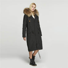 Load image into Gallery viewer, Fur Story's winter ladies leather parka coat with thick hooded long fur coat with raccoon fur