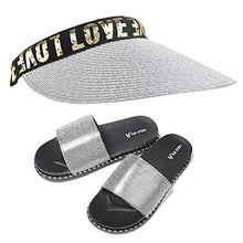 Load image into Gallery viewer, Fur Story FS20S11 Women's Glitter Rhinestone Slides Sun Straw Hat Beach Summer Hat Set Platform Sandals Black Gold Silver