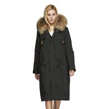 Load image into Gallery viewer, Fur Story's winter ladies leather parka coat with thick hooded long fur coat with raccoon fur