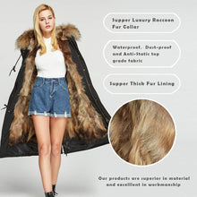 Load image into Gallery viewer, Fur Story's winter ladies leather parka coat with thick hooded long fur coat with raccoon fur