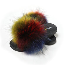 Load image into Gallery viewer, Fur Story Women's Fox Fur Slides Furry Slide for Outdoor Fluffy Sandals Open Toe Fur Slippers