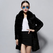 Load image into Gallery viewer, Women's Natural Rabbit Fur Overcoat with Real Fur Collar Classical Cross Stripe Plus Size Coat
