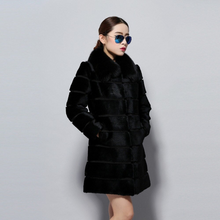 Load image into Gallery viewer, Women's Natural Rabbit Fur Overcoat with Real Fur Collar Classical Cross Stripe Plus Size Coat