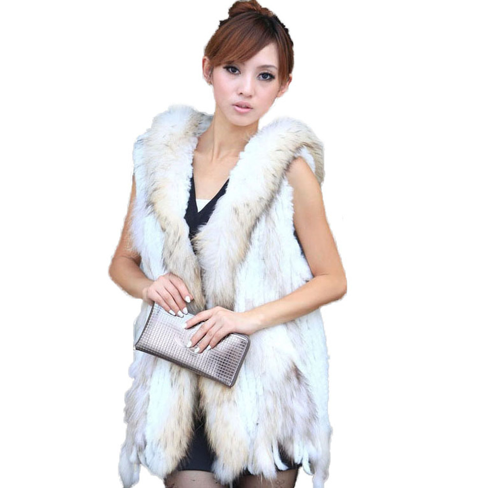 Long Women's Knitted Natural Rabbit Fur Vest Raccoon Fur Collar Hood Trim