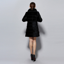Load image into Gallery viewer, Women's Natural Rabbit Fur Overcoat with Real Fur Collar Classical Cross Stripe Plus Size Coat