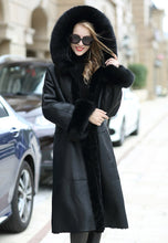 Load image into Gallery viewer, FS20139 Sheep shearing fur overcoat with fox fur slim hood long-sleeved winter women's fur coat ladies windbreaker Fur Story