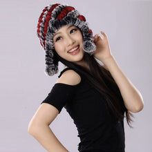 Load image into Gallery viewer, Winter Hat Women Knitted Real REX Rabbit Fur Hat Beanie Fur Bomber Cap Earmuff Pompom Decoration Winter Hat Ladies Hats FS14609
