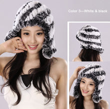 Load image into Gallery viewer, Winter Hat Women Knitted Real REX Rabbit Fur Hat Beanie Fur Bomber Cap Earmuff Pompom Decoration Winter Hat Ladies Hats FS14609