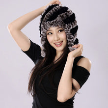 Load image into Gallery viewer, Winter Hat Women Knitted Real REX Rabbit Fur Hat Beanie Fur Bomber Cap Earmuff Pompom Decoration Winter Hat Ladies Hats FS14609