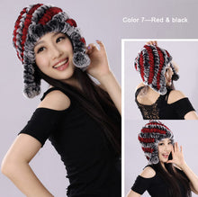 Load image into Gallery viewer, Winter Hat Women Knitted Real REX Rabbit Fur Hat Beanie Fur Bomber Cap Earmuff Pompom Decoration Winter Hat Ladies Hats FS14609