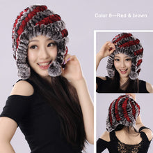 Load image into Gallery viewer, Winter Hat Women Knitted Real REX Rabbit Fur Hat Beanie Fur Bomber Cap Earmuff Pompom Decoration Winter Hat Ladies Hats FS14609