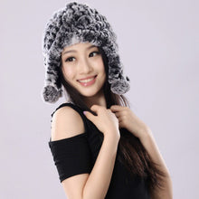 Load image into Gallery viewer, Winter Hat Women Knitted Real REX Rabbit Fur Hat Beanie Fur Bomber Cap Earmuff Pompom Decoration Winter Hat Ladies Hats FS14609