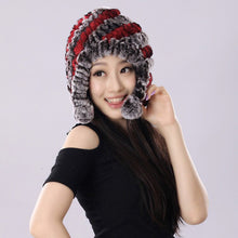 Load image into Gallery viewer, Winter Hat Women Knitted Real REX Rabbit Fur Hat Beanie Fur Bomber Cap Earmuff Pompom Decoration Winter Hat Ladies Hats FS14609