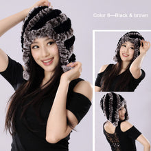 Load image into Gallery viewer, Winter Hat Women Knitted Real REX Rabbit Fur Hat Beanie Fur Bomber Cap Earmuff Pompom Decoration Winter Hat Ladies Hats FS14609