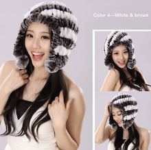 Load image into Gallery viewer, Winter Hat Women Knitted Real REX Rabbit Fur Hat Beanie Fur Bomber Cap Earmuff Pompom Decoration Winter Hat Ladies Hats FS14609