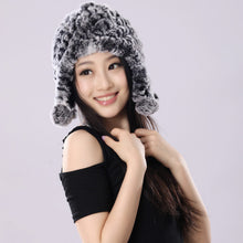 Load image into Gallery viewer, Winter Hat Women Knitted Real REX Rabbit Fur Hat Beanie Fur Bomber Cap Earmuff Pompom Decoration Winter Hat Ladies Hats FS14609