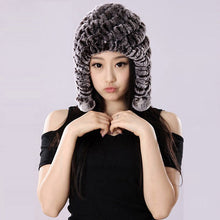 Load image into Gallery viewer, Winter Hat Women Knitted Real REX Rabbit Fur Hat Beanie Fur Bomber Cap Earmuff Pompom Decoration Winter Hat Ladies Hats FS14609
