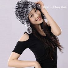 Load image into Gallery viewer, Winter Hat Women Knitted Real REX Rabbit Fur Hat Beanie Fur Bomber Cap Earmuff Pompom Decoration Winter Hat Ladies Hats FS14609