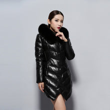 Load image into Gallery viewer, Women's Genuine Leather Coat with Fox Fur Hood Trim Winter Invisible Zipper Design Leather Down Coat 14156