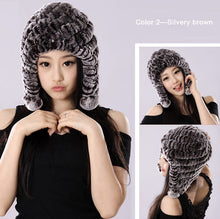 Load image into Gallery viewer, Winter Hat Women Knitted Real REX Rabbit Fur Hat Beanie Fur Bomber Cap Earmuff Pompom Decoration Winter Hat Ladies Hats FS14609