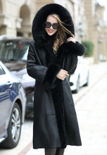Load image into Gallery viewer, FS20139 Sheep shearing fur overcoat with fox fur slim hood long-sleeved winter women's fur coat ladies windbreaker Fur Story