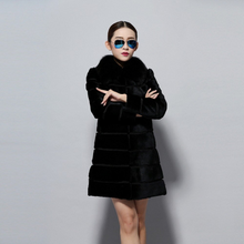 Load image into Gallery viewer, Women's Natural Rabbit Fur Overcoat with Real Fur Collar Classical Cross Stripe Plus Size Coat