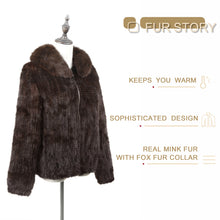 Load image into Gallery viewer, Women&#39;s Knitted Mink Fur Coat Fox fur Collar Zipper Winter jacket 22186