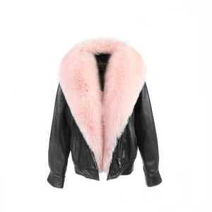 Genuine sheep leather coat winter women fur coat fox fur collar and placket 22195