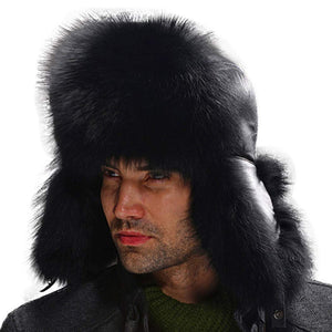 Fur Story Men's Fur Trapper Hat with Sheepskin Earflap Fox Fur Bomber Hat Winter Skiing Trooper Hat