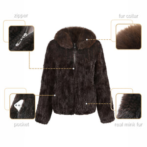 Women's Knitted Mink Fur Coat Fox fur Collar Zipper Winter jacket 22186