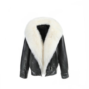 Genuine sheep leather coat winter women fur coat fox fur collar and placket 22195