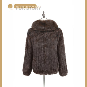 Women's Knitted Mink Fur Coat Fox fur Collar Zipper Winter jacket 22186