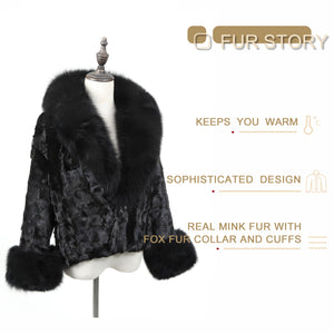 Women Real Fur Coat Natural Mink Fur Jacket real fox fur collar Winter Warm Fur Overcoat 22197