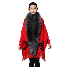 Load image into Gallery viewer, UE FS15729 Real double face Cashmere Wool Shawl Poncho for Women Fox fur Collar