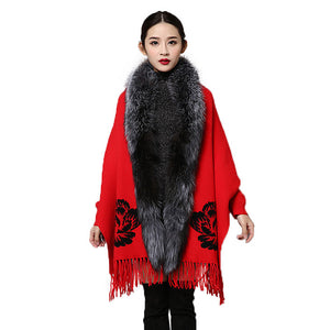 UE FS15729 Real double face Cashmere Wool Shawl Poncho for Women Fox fur Collar