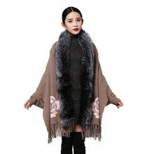 Load image into Gallery viewer, UE FS15729 Real double face Cashmere Wool Shawl Poncho for Women Fox fur Collar