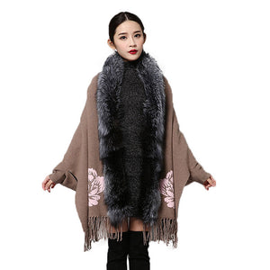 UE FS15729 Real double face Cashmere Wool Shawl Poncho for Women Fox fur Collar