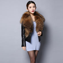 Load image into Gallery viewer, Genuine leather Jacket for women big Real raccoon fur collar 151246