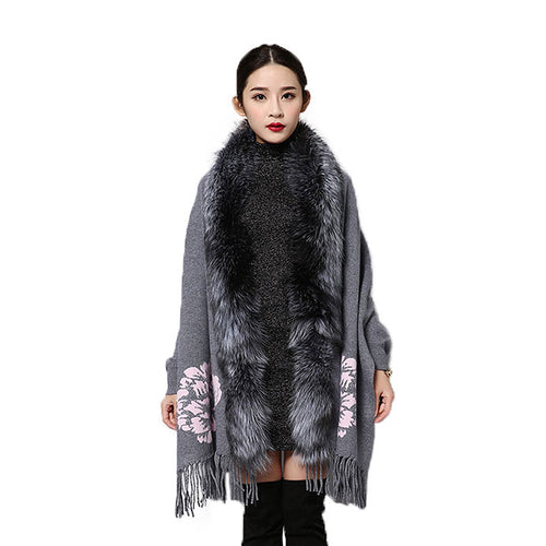 UE FS15729 Real double face Cashmere Wool Shawl Poncho for Women Fox fur Collar