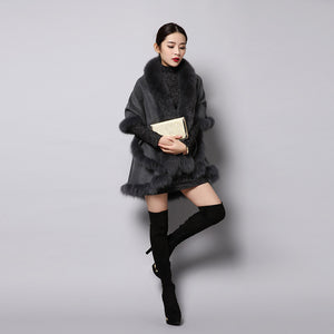 UE FS15726 Double face wool Cashmere Shawl Poncho for Women Fox fur Collar and Trim