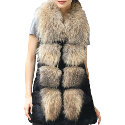 Real Fur Guarantee Women's Rabbit Fur Vest with Big Raccoon Collar Natural Fur Waistcoat Fur Story FS15274